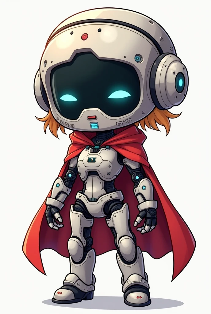 The picture shows a (adorable) A mechanic apprentice. Her gaze is piercing, and her face is hidden under a mask with monitors and LEDs. Graceful mechanical limbs complete her elegant appearance, and her outfit underlines her strength and uniqueness in the world of technology, Big head, adorable girl, red cape , Laugh, (((chibi)), full body, full length,