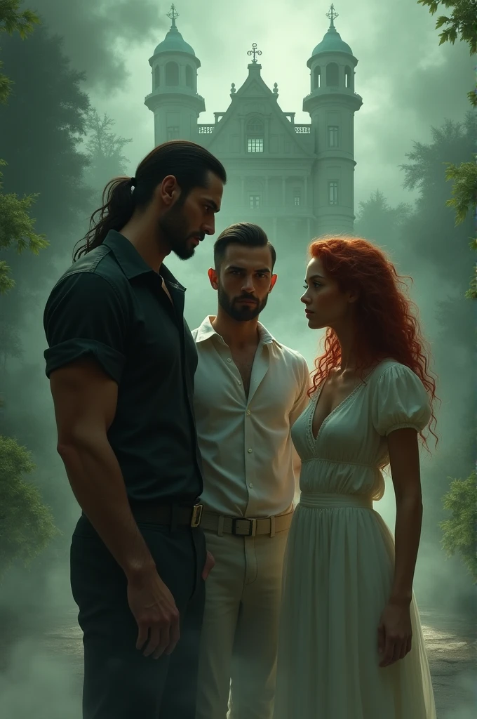 À l'arrière-plan, un manoir imposant émerge, partiellement enveloppé dans une fumée verte et grise qui ajoute une ambiance mystérieuse. Au premier plan, un triangle amoureux est en scène.
L'homme à gauche est musclé, avec des cheveux noirs attachés en queue de cheval. Il est habillé d'une chemise en soie noire et d'un pantalon noir assorti. Au centre, une femme avec de longs cheveux rouges bouclés porte une robe blanche de style champêtre, évoquant une élégance simple et naturelle. L'homme à droite, d'origine réunionnaise, a un teint mat et des cheveux courts noirs.