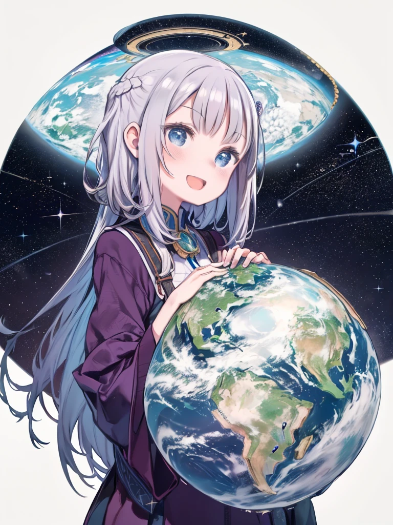 One Girl、smile、Open your mouth a little、((Hold the Earth in front of your chest with both hands、A small globe in front of the body))、Space Background、Take control of the world、Ruler、World Conquest、Upper Body、Front view、Angle from above、Realistic depiction of the Earth、