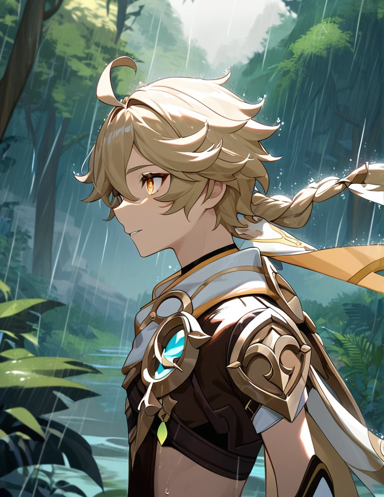 Aether (genshin impact), rain, forest, afar, intricate details, high resolution, perfect anatomy, detailed face, detailed eyes, male anatomy