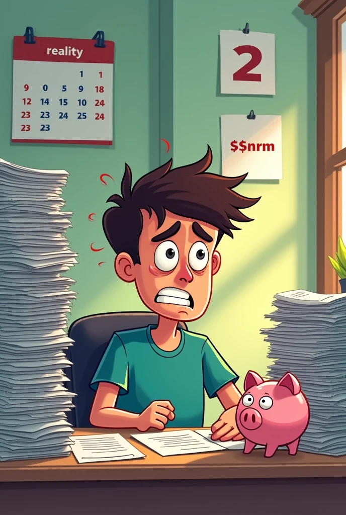 A cartoon image of a young person sitting at a desk with a massive stack of overdue bills labeled "Reality" on one side and a tiny piggy bank labeled "$NRM" on the other. They’re holding a coin above the piggy bank, sweating profusely, while a calendar in the background reads “2.”