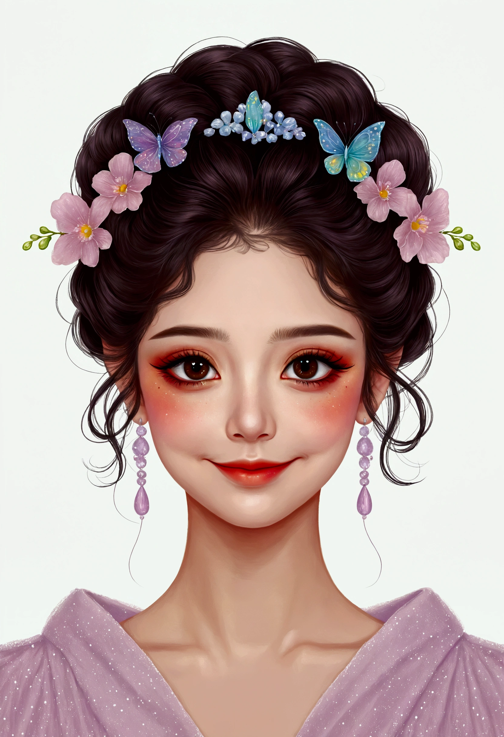 Hand-drawn style，Digital Art Girl Portrait，Smile，solitary，symmetry，Gradient hair，Colorful big eyes，Fashionable and exquisite facial features，Exquisite makeup，Beautiful hairstyle，hairpin，Clean and simple background