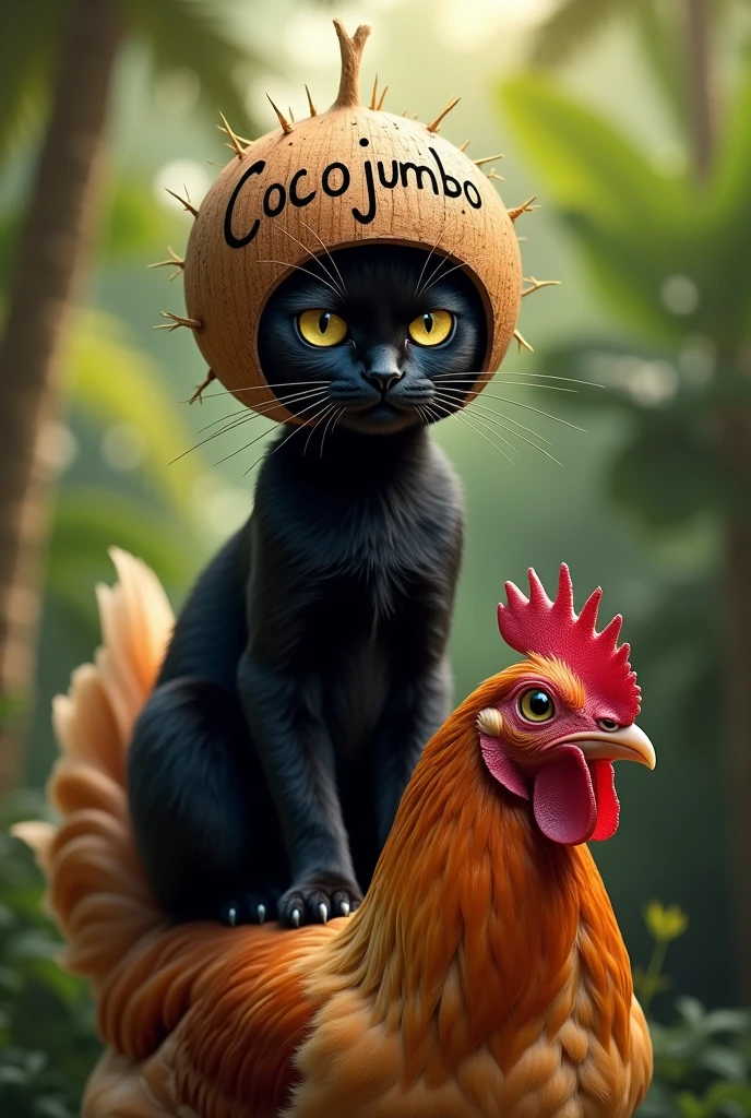 Black cat with coconut helmet on helmet inscription cocojumbo sits on chicken