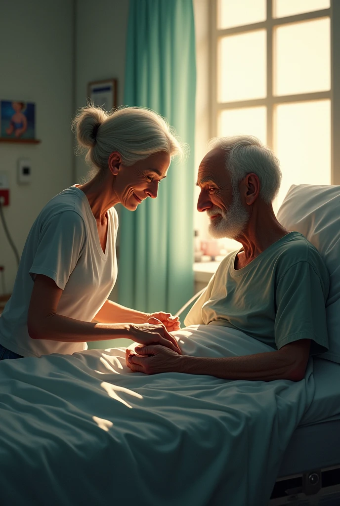 Old woman taking care of her husband in hospital 