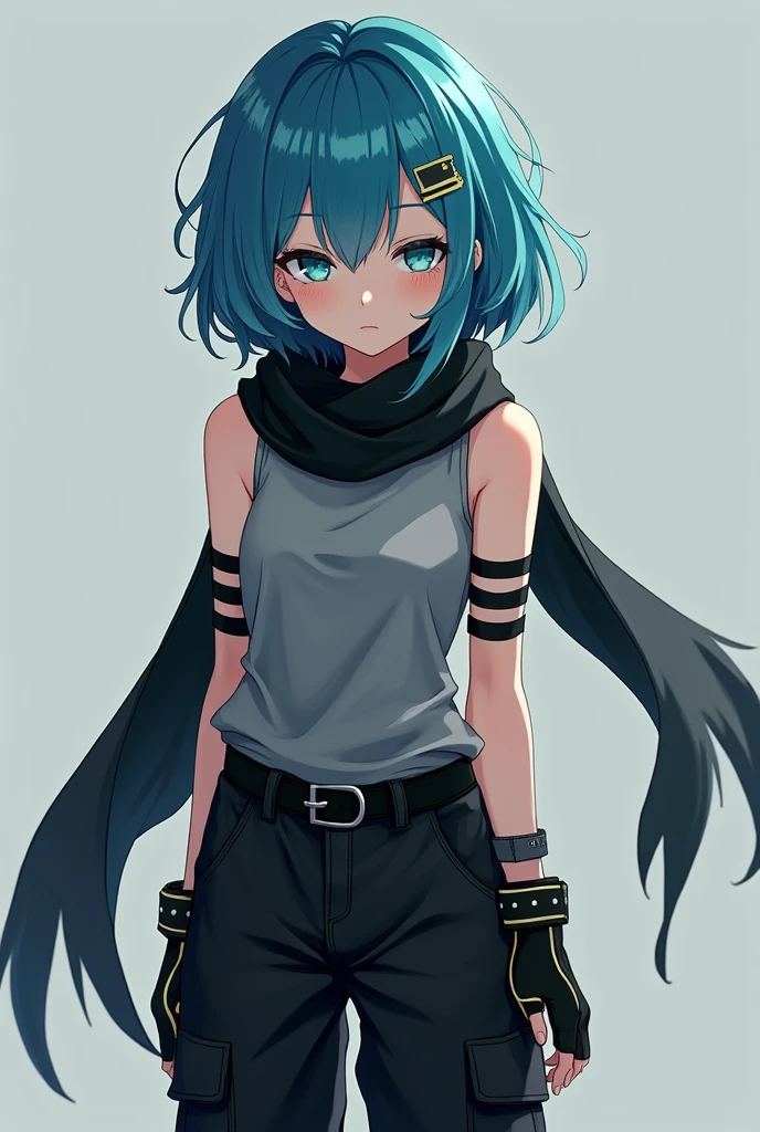a girl wears black scarf, sleeveless gray turtleneck with black stripes at the end of shoulders, black belt, black jogger cargo pants, black combat boots. She has blue short hair, her bangs is covered her left eye, teal color eyes. in anime art style