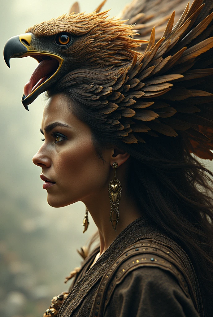 Angry woman in profile with an eagle on her head where its feathers intertwine with her hair and her clothes. I want that fusion where she and the bird are mixed.