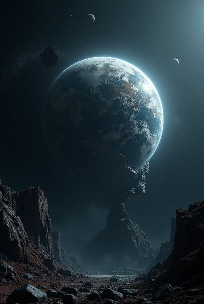 An image capturing the violent aftermath of Earth's breakup, with fragments scattered and showing the lifeless void left behind.