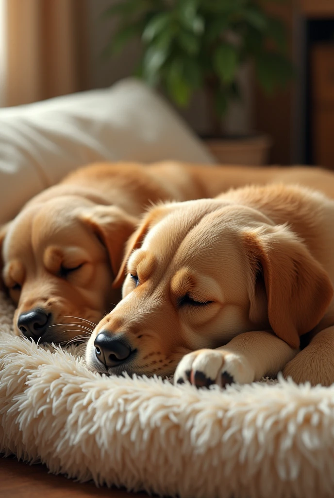 Golden Retriever、Are sleeping、Realistic fur、Fluffy futon、Realistic、raw、Photorealistic、Super detailed、high resolution、high quality