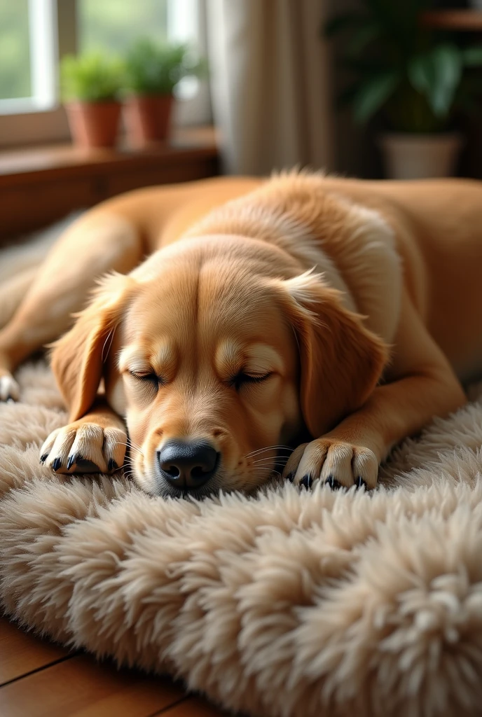 Golden Retriever、Are sleeping、Realistic fur、Fluffy futon、Realistic、raw、Photorealistic、Super detailed、high resolution、high quality