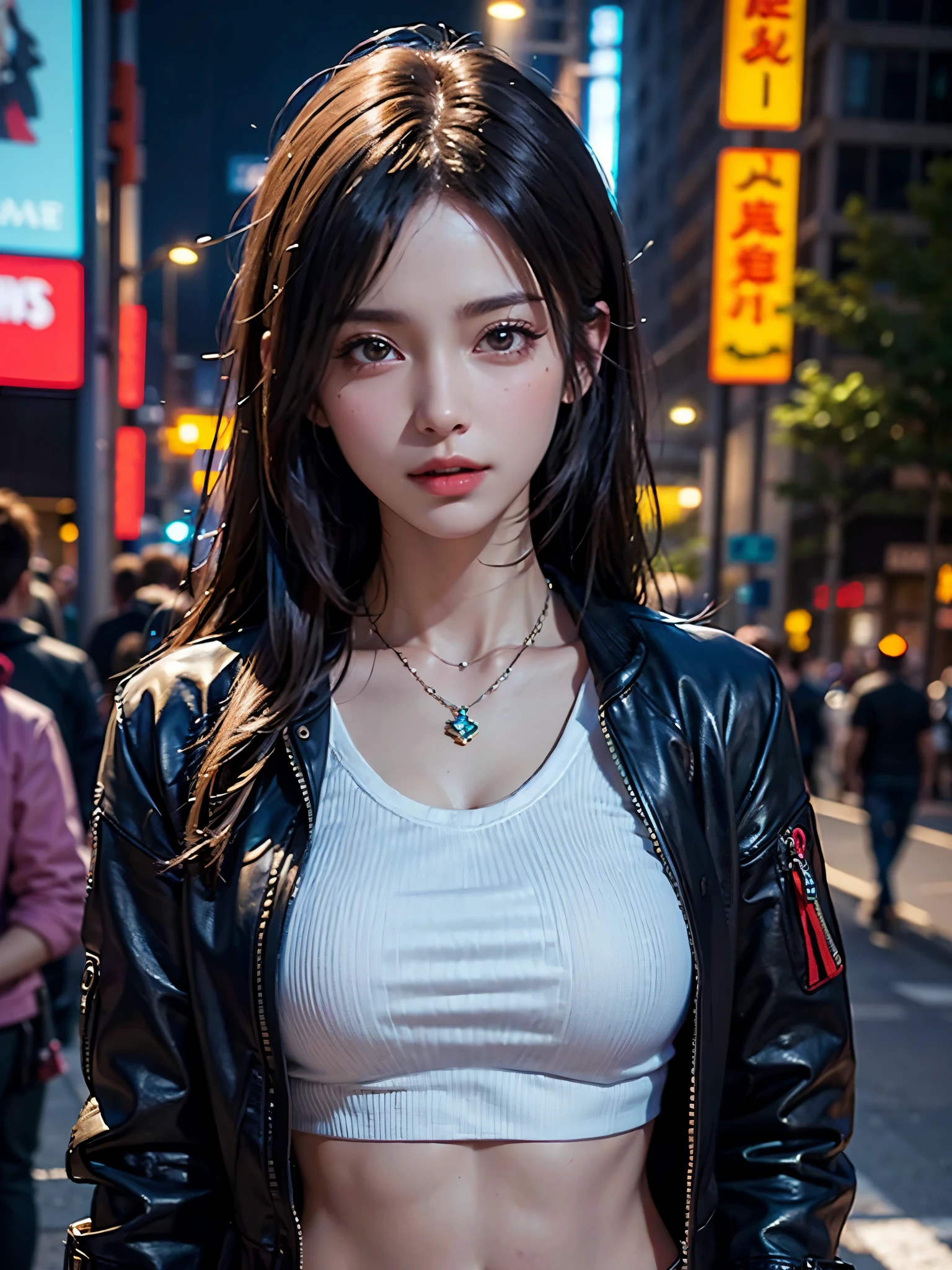 Aya Brea, One person, 一人in, Crop top jacket, bracelet, necklace, Looking_in_Audience, Realistic, upper_body, (masterpiece:1.2), (Highest quality), (Super detailed), (8k, 4K, intricine), (Very detailed:1.2),(Detailed face:1.2), (Urban Background), (Ultra HD Wallpaper)