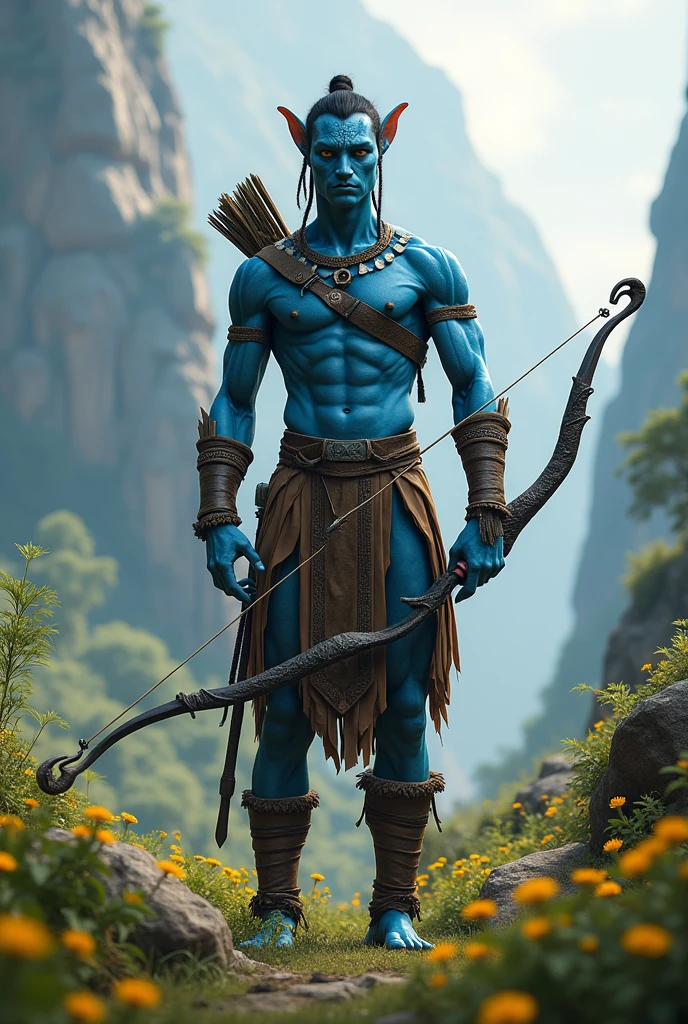  Jeon jungkook do bts como um na'vi de Avatar, james cameron movie, aiming a bow ready to shoot the arrow
