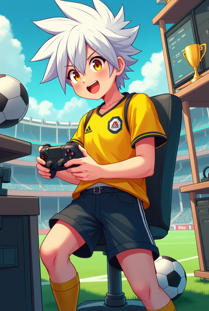 drawing art creates an anime character with white spiky hair he has , playing video games winning at soccer favorite color yellow