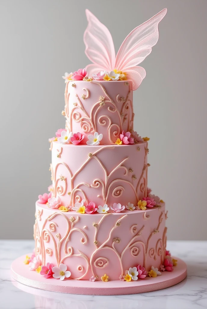 Make a realistic three-tier birthday cake, with pink fairy decoration with flowers.