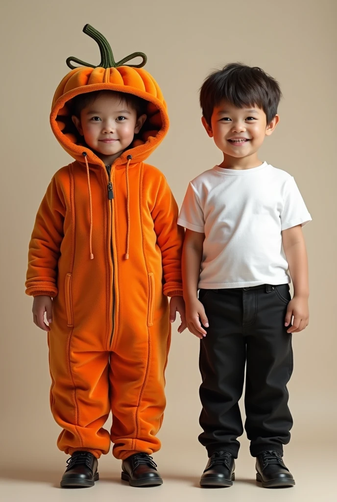 A kid wearing velvet material jumpsuit of a vegtable pumpkin,
Standing with another kid wearing a white T shirt and black pant with black shoe