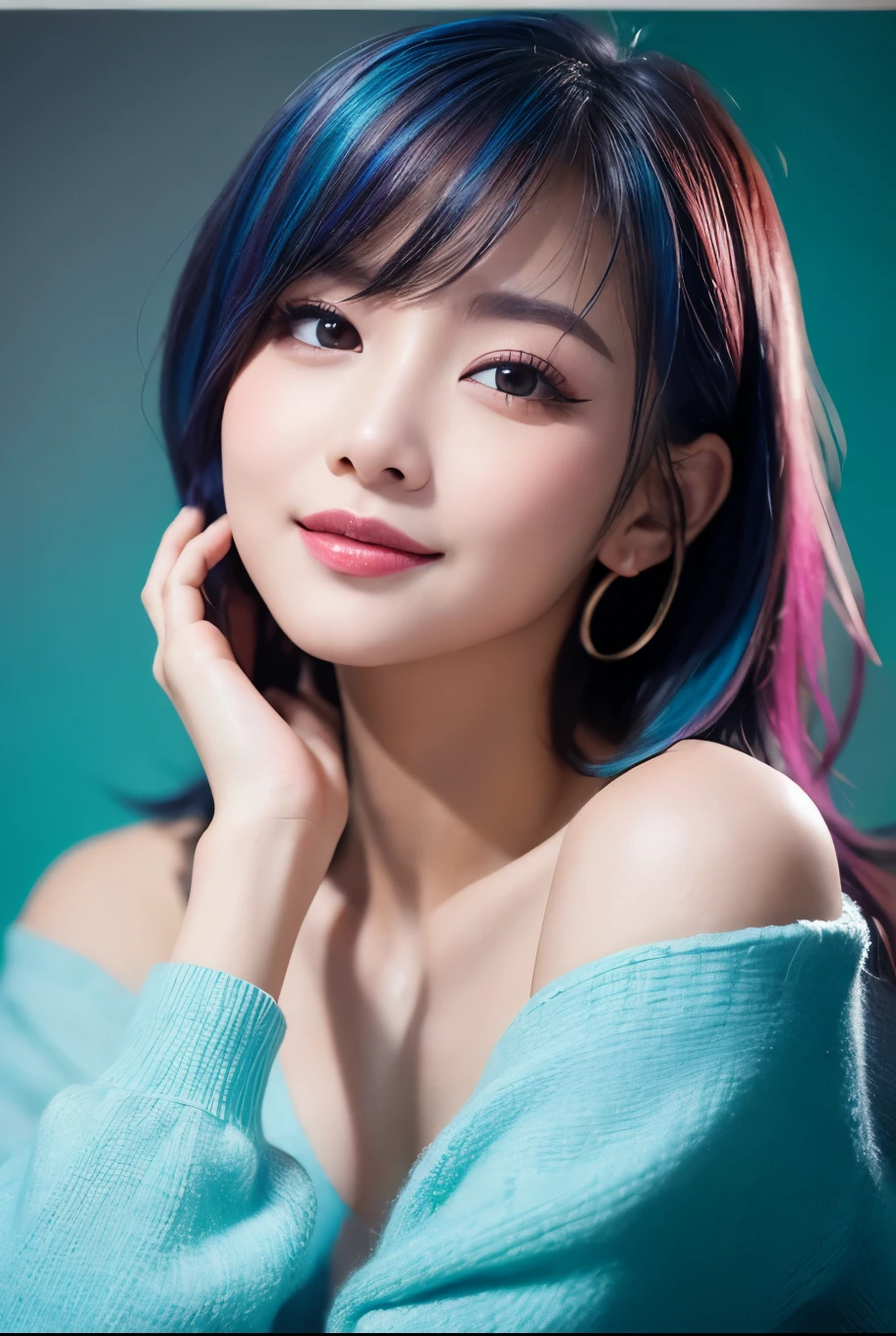 high quality, real、High resolution, Realistic、8k、masterpiece, detailed.impressive, Cutting-edge female photography portraits、Happy expression、Looking at the camera、Asahi、cyan, and purple, Her vibrant makeup really catches the eye.. Her colorful hair is tied up high、Various hair colors