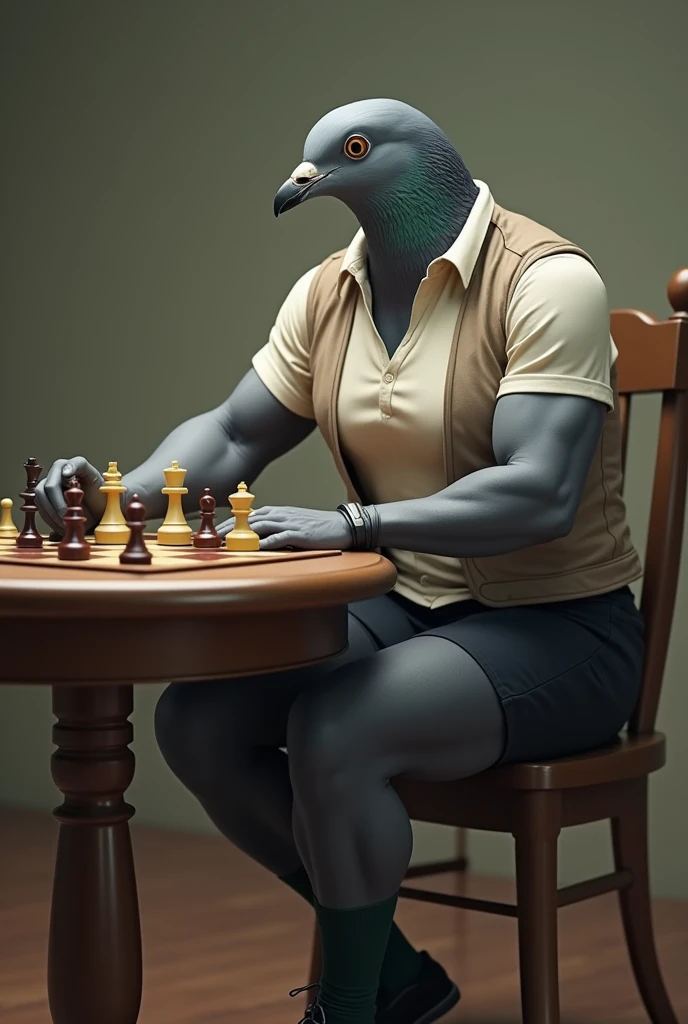 ((Highest quality)), ((masterpiece)), (detailed), A grey female pigeon wearing an off-white collared short-sleeved shirt, a light brown vest, a knee-length black skirt, dark green socks and black shoes,(Tilt your head to the right),Playing chess at the table,Muscular grey female pigeon,Photorealistic images,The background is simple,