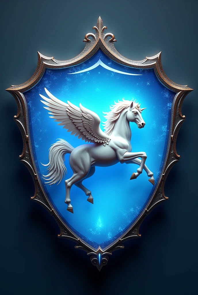 The emblem looked like a shield brooch with a Pegasus filling the frame. And it's a sky lightblue theme and little bit with magic.