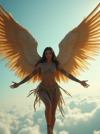 (masterpiece.UHD.photorealistic) an ultra hot gorgeous Swedish woman.age 23. Gorgeous face.epic cleavage. (100 DD SIZE)huge wings in the back flying naked high above the ground tribal tattoos and shredded outfit. Perfect hands. Perfect fingers. She flies through the sky, arms outstretched at her sides 