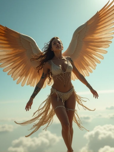 (masterpiece.UHD.photorealistic) an ultra hot gorgeous Swedish woman.age 23. Gorgeous face.epic cleavage. (100 DD SIZE)huge wings in the back flying naked high above the ground tribal tattoos and shredded outfit. Perfect hands. Perfect fingers. She flies through the sky, arms outstretched at her sides