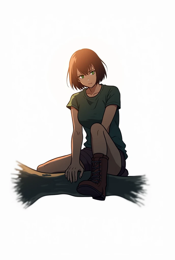 A woman with short black hair to her shoulders, with green eyes, sits on a tall tree, afraid of heights, dark green t-shirt and brown shorts, Brown boots, anime art, masterpiece, realistically, professional quality, super detail