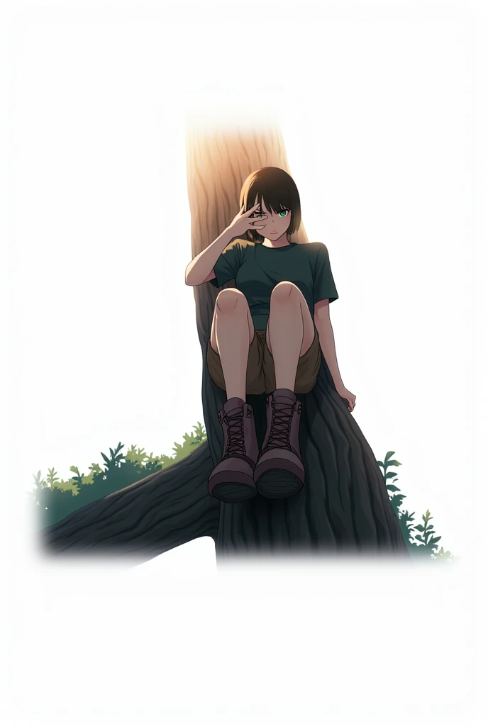 A woman with short black hair to her shoulders, with green eyes, sits on a tall tree, afraid of heights, dark green t-shirt and brown shorts, Brown boots, anime art, masterpiece, realistically, professional quality, super detail