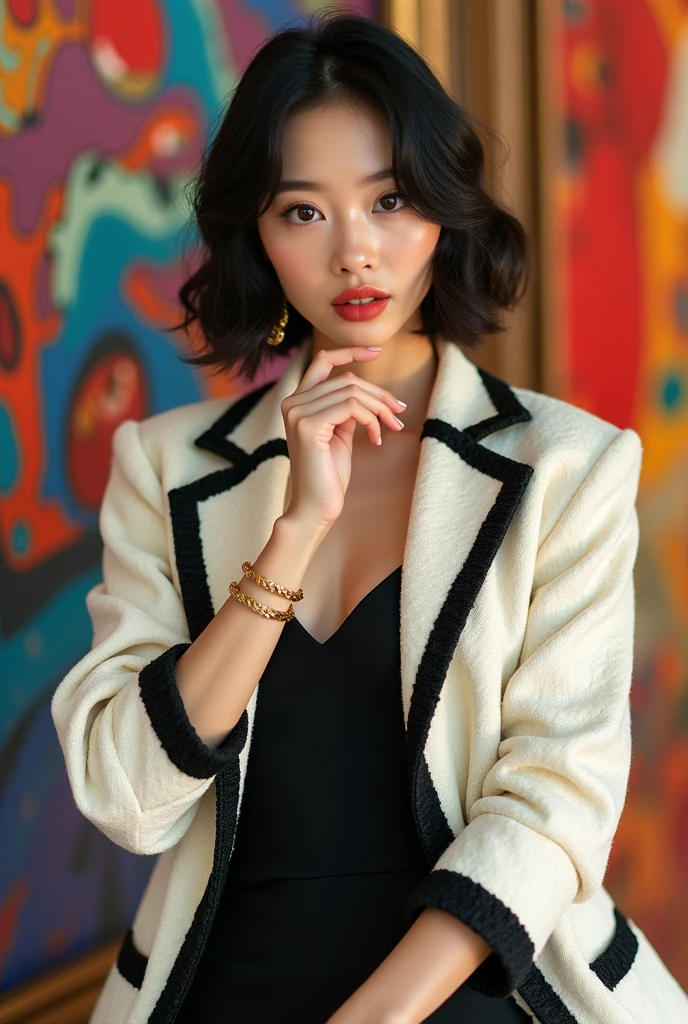 (masterpiece:1,2, best quality), (magazine cover), (colorful Magazine cover abundant with text), vibrant, eye-catching paintings, Comic cover style, glamorous, enticing, stylish, chic, high-fashion, captivating, elegant, trendy, fashionable, radiant, attention-grabbing, dazzling, sophisticated, stunning, dramatic, bold, Featured is Jin Ae, a graceful figure from Seoul, South Korea, ((who embodies the essence of classic elegance and charm)), (((She boasts a stature, standing at 1.60 meters and weighing around 50 kilograms, epitomizing the quintessential Korean beauty))), (Her hair is jet black, styled in a simple yet sophisticated cut), (Her eyes are a warm brown), ((and a fair complexion)), accentuated by minimal, natural makeup, (((She is wearing an elegant CocoChanel mini black dress under Vintage Chanel Jacket in White Tweed with Black trim))), She is portrayed posing gracefully in her outfit, (exceptionally detailed:1.3), ,, super finely detailed hands, ultra finely detailed fingers(((ten fingers))), (posing elegantly), (full body showcase), (show full body).