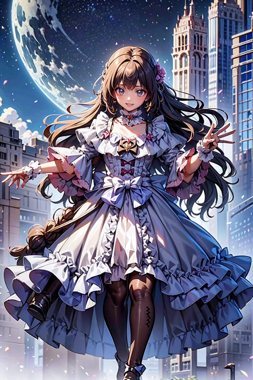 (Highest quality,4K,High resolution,masterpiece:1.2),Very detailed,Realistic:1.37,,(whole body, legs and 靴 visible: 1.2),、The thief、Thief、10 convictions、Criminal Woman、bad woman、To rob、Anime Style、Storytelling、、beautiful girl、とてもcute天使、Pink Gothic Dress、cute、Baby Face、smile、Long skirt、,Black long boots、Crazy Smile, beautiful, Delicate facial features, Sharp Eye, Sharp Fangs, Mouth very open, Bare your teeth,Sharp teeth like a beast, Very wide lips, Very wide mouth, Vermilion cheeks,