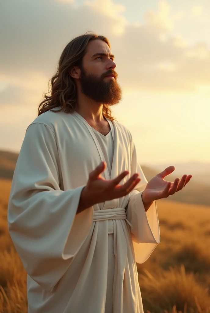 A realistic, photo-like scene of a bearded man resembling a classic depiction of Jesus Christ, standing in a field at sunrise or sunset. His body is slightly turned to the right, not fully facing the viewer but at a gentle angle, with his right side more visible. His both arms are outstretched in a welcoming gesture like he was praying and his head is tilted slightly upward, with his gaze directed toward the sky. He has very long, wavy brown hair and a well-groomed beard, with a calm and compassionate expression on his face. He is dressed in flowing white robes that drape naturally over his body, with realistic folds and textures. The warm, golden light of the sun reflects off his right side, casting a gentle, lifelike glow on his face and robes. The background features realistic rolling hills and a vast sky with a mix of clouds and soft sunlight, enhancing the tranquil and divine ambiance of the scene.