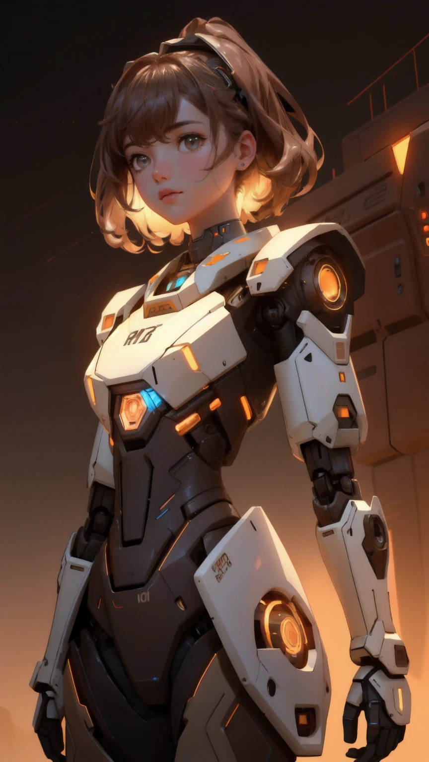 A cute, beautiful girl robot, identified as the 'GM Generator,' with an open chest compartment emitting glowing GM tokens. The robot is set against a rich brown background, resembling a desert-like landscape with scattered rocks and a warm, dusty atmosphere. The glowing tokens float around her, illuminating the brown environment. The scene combines mechanical precision with a soft, earthy palette, making the 'GM Generator' stand out in a uniquely captivating way.
