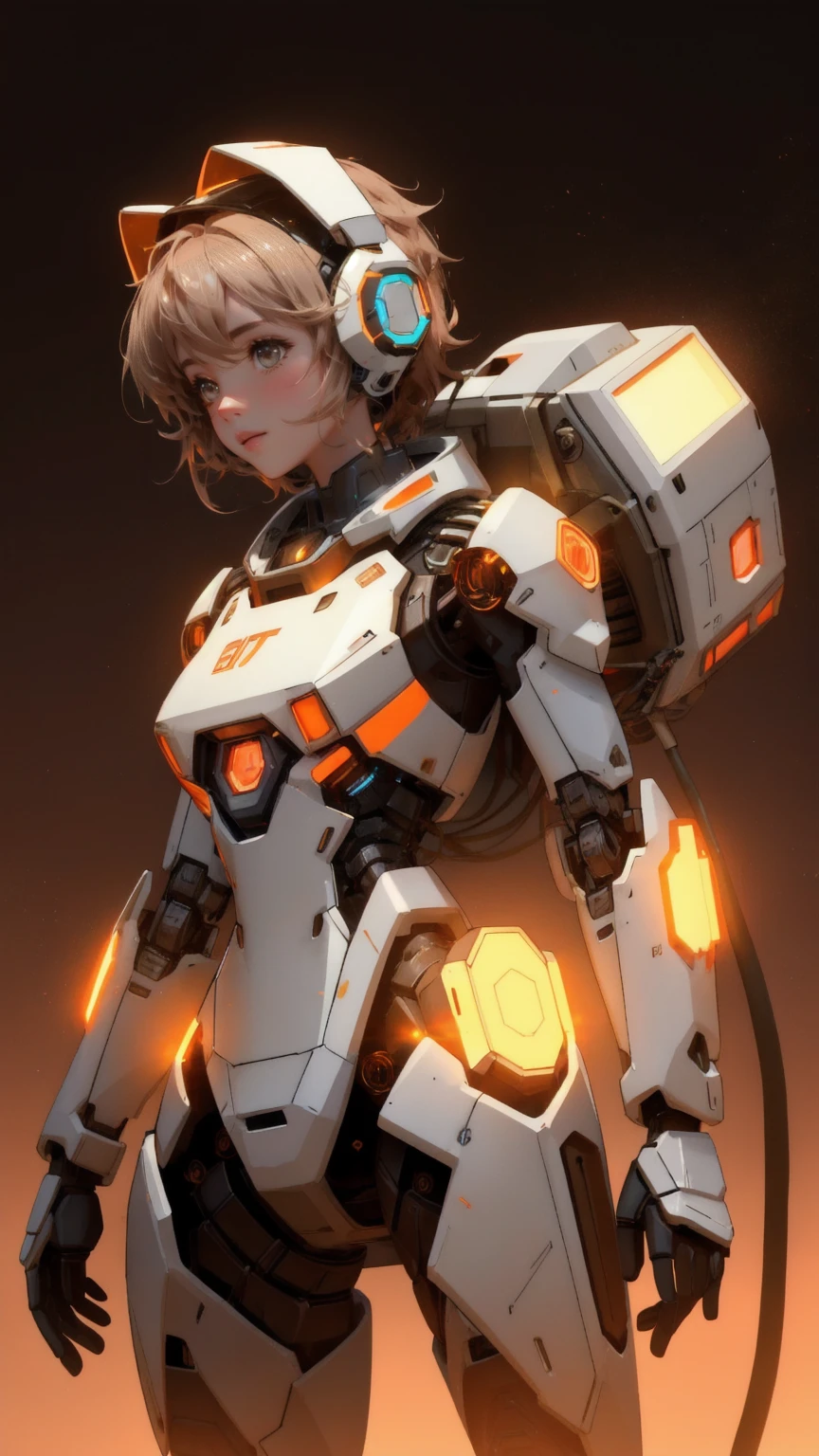 A cute, beautiful girl robot, identified as the 'GM Generator,' with an open chest compartment emitting glowing GM tokens. The robot is set against a rich brown background, resembling a desert-like landscape with scattered rocks and a warm, dusty atmosphere. The glowing tokens float around her, illuminating the brown environment. The scene combines mechanical precision with a soft, earthy palette, making the 'GM Generator' stand out in a uniquely captivating way.