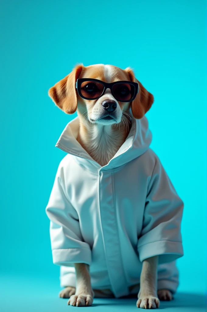 The best cell phone wallpaper, Award-Winning Wallpaper, portrait photography, In the front view is a portrait of a cute dog wearing mid-1960s space age fashion, Side view photo, Shot with Canon EOS R5, Set a strong contrast that accentuates the subject, Fluorescent blue tone, Wearing a very modern coat and sunglasses is a modern 1960s style, Clothes all in one color, beautiful background