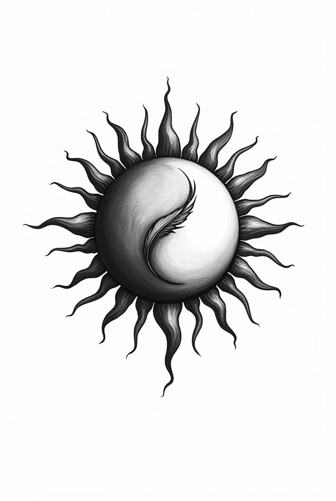 Dessine moi sur un fond blanc un dessin noir et blanc d'un soleil. Une plume de rapace traverse le soleil pour former un Yin et un Yang au centre du soleil