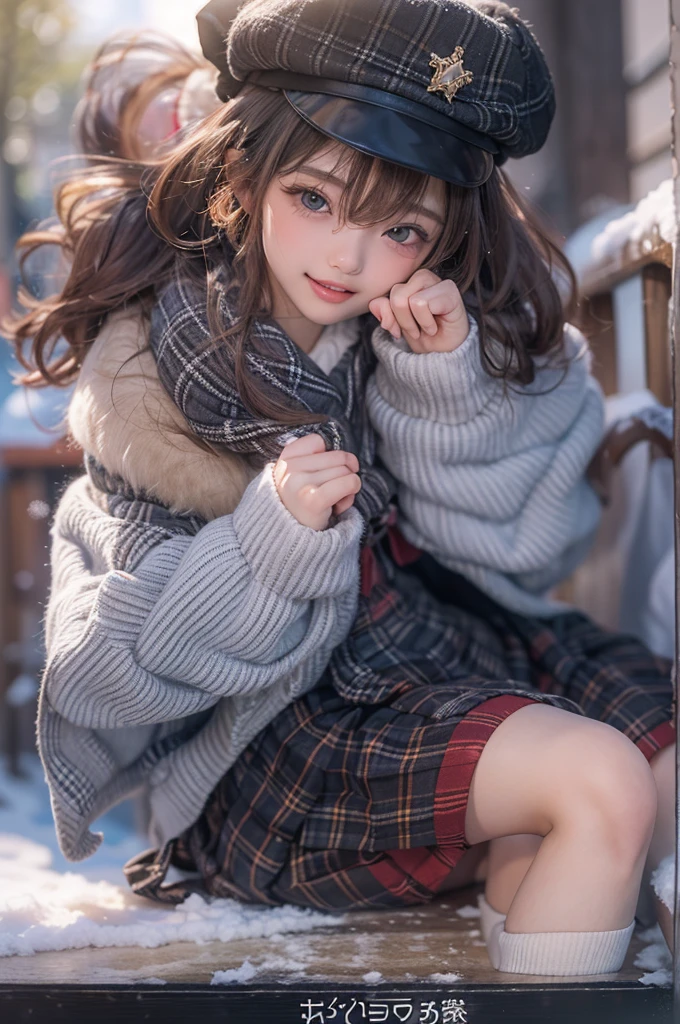 (Masterpiece, BestQuality), (hyperrealisti), (8k,Photorealistic), (realistic),1little-girl, japanese cutie, (yo:1.2), beautiful detailed teeth, eyes with large brown irises, small mouth, fresh lips, nose blush, sitting,(bikini), beret, winter, snow, beautiful lighting, volumetric lighting, dynamic angle, photographic portrait, sharp,,