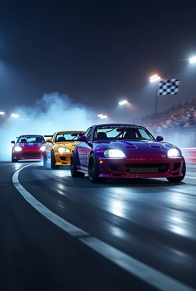 Purple, yellow and red cars、Drifting、Brake marks、The car lights are on、During the race、Realistic texture、high resolution、Super detailed、high quality、Flag、