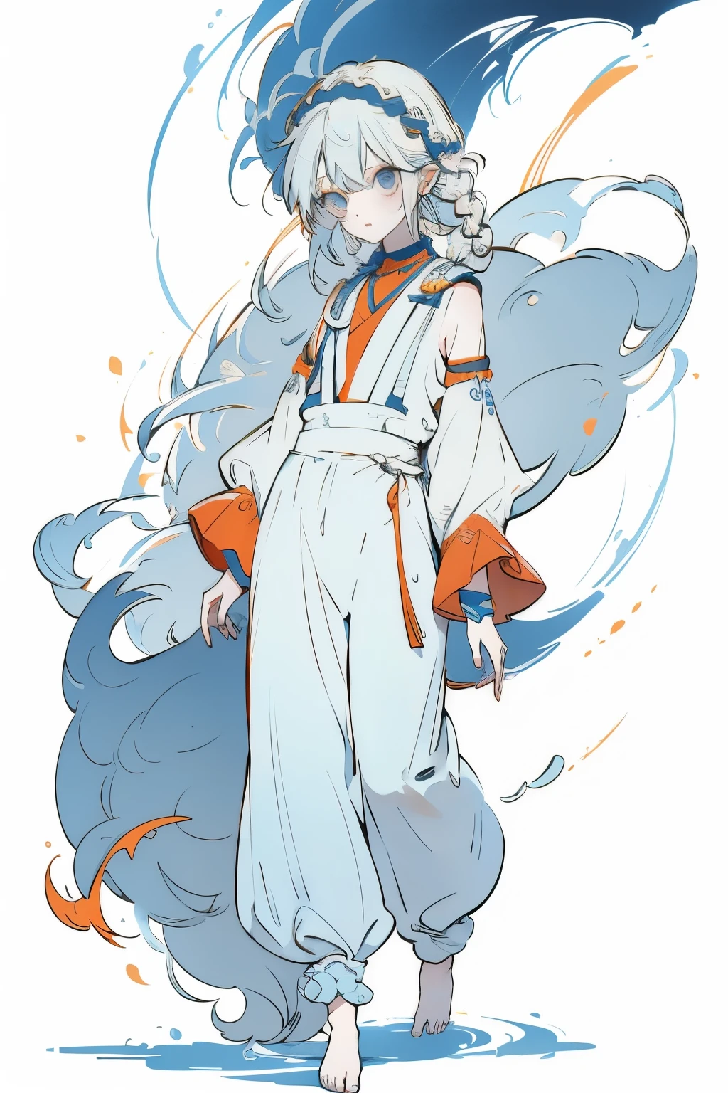 1 Girl, Orange sleeves, White hair, White skin, Light blue hair accessories, Blue suspenders, Blue clothes, Light blue eyes, barefoot, Double braid