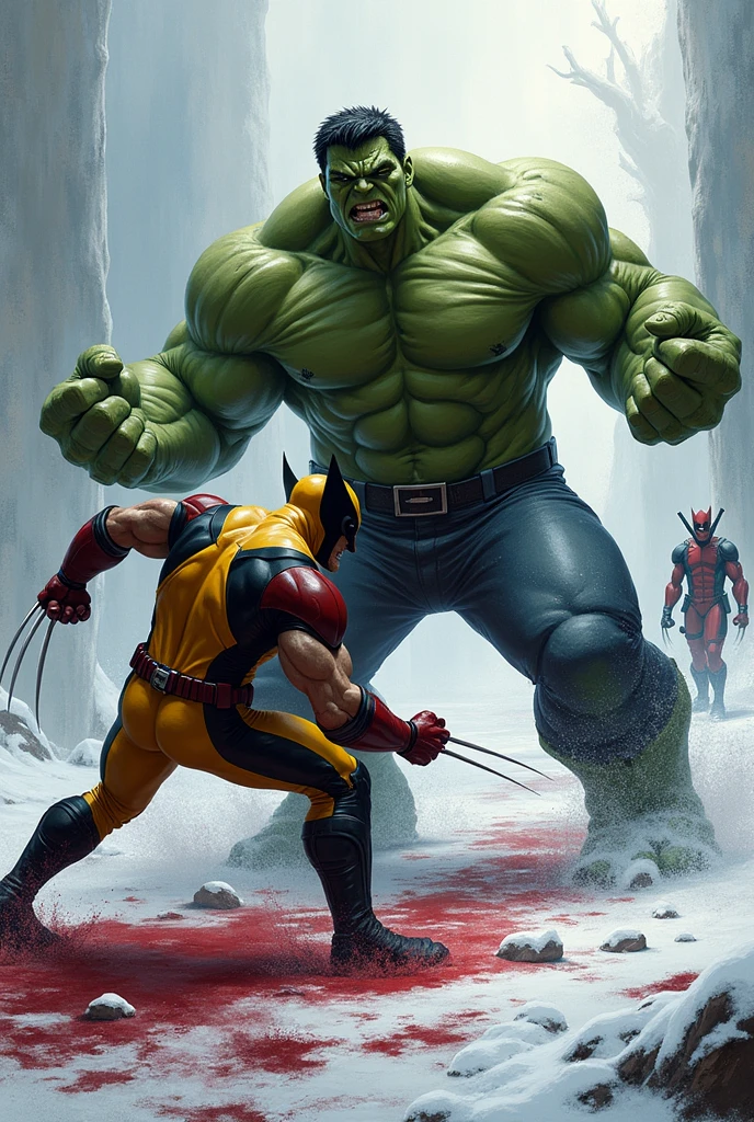 Hulk vs wolverine's brown and yellow with blood an snow background and backside standing deadpool is killing hulk