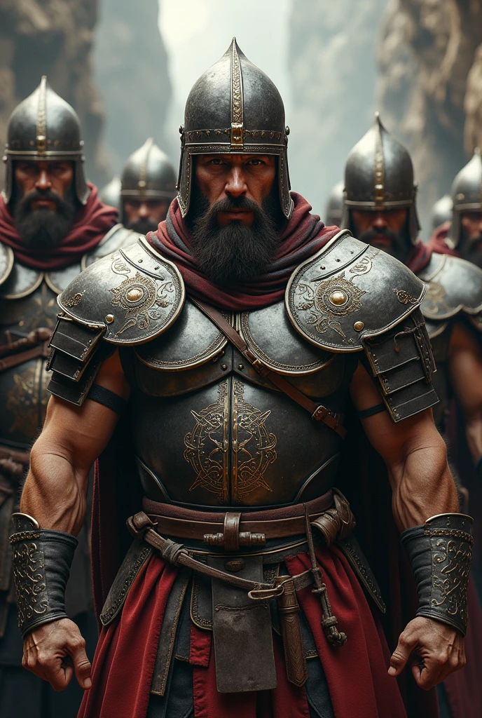 Six male warriors gaining their armor