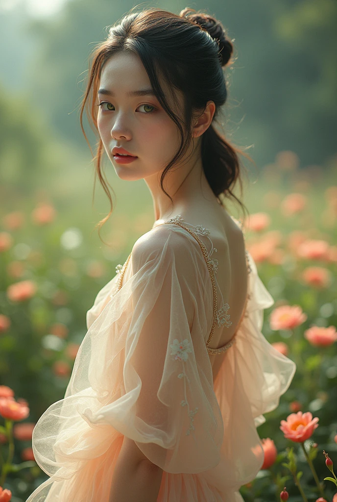 Miracle young woman in transparent Organza Wawe tunik , master piece , UHD 8k , dark hair on pony taił, green eyes , around miracle scenery Garden with flowers