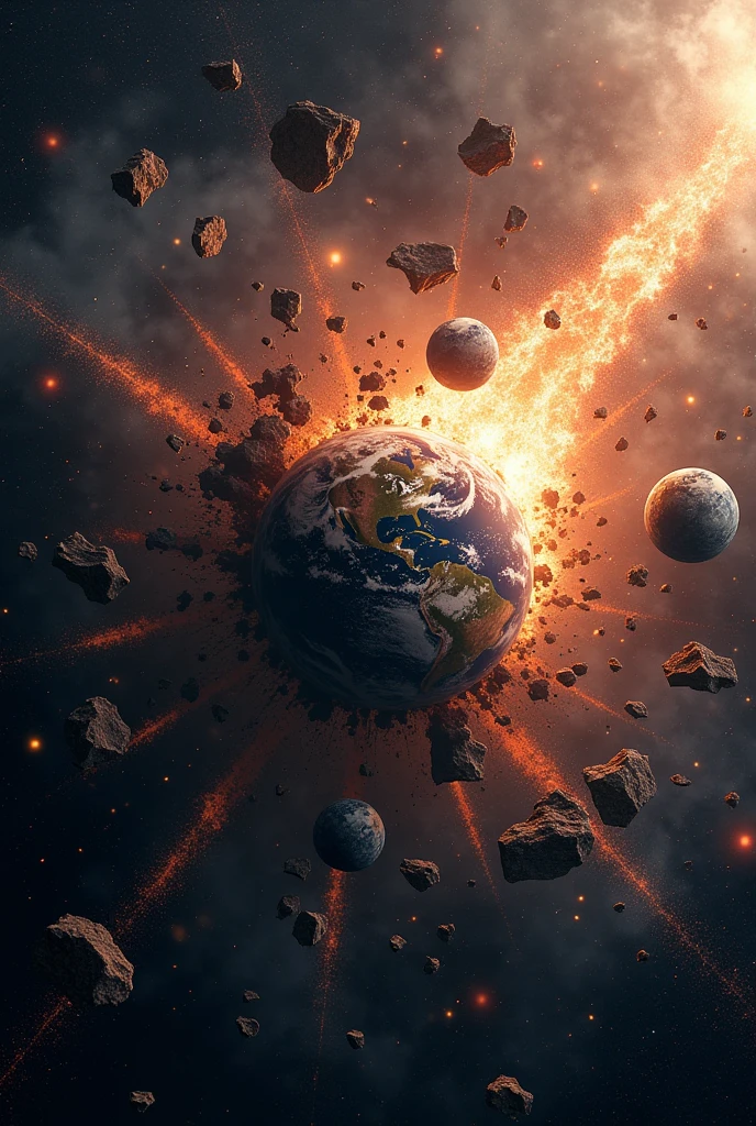 A space scene illustrating the chaotic spread of Earth's shattered remains, with the remnants crashing into other planetary bodies.