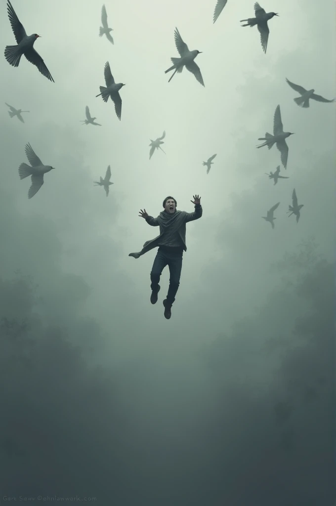 the guy falling in the gray background with birds