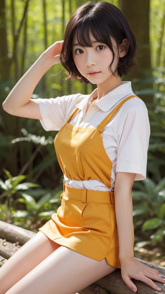 in the forest、 、Satsuki Kusakabe from My Neighbor Totoro、Plain yellow polo shirt、Orange suspender skirt、Big droopy eyes、Short Curly Hair、Slim body、Thin body、Actress level、very cute、Japanese、頭からつま先まで美しいスレンダーなのbarefoot、barefoot、Wet、Sweaty、Small breasts、Realistic Skin、