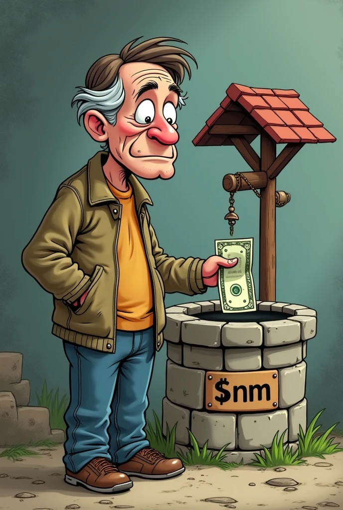 A cartoon character (could be a relatable, disheveled-looking guy) standing in front of a wishing well, clutching his last dollar bill with a hopeful but desperate expression. The wishing well is labeled “$NRM” and instead of a coin, he’s tossing in his last dollar, with crossed fingers.