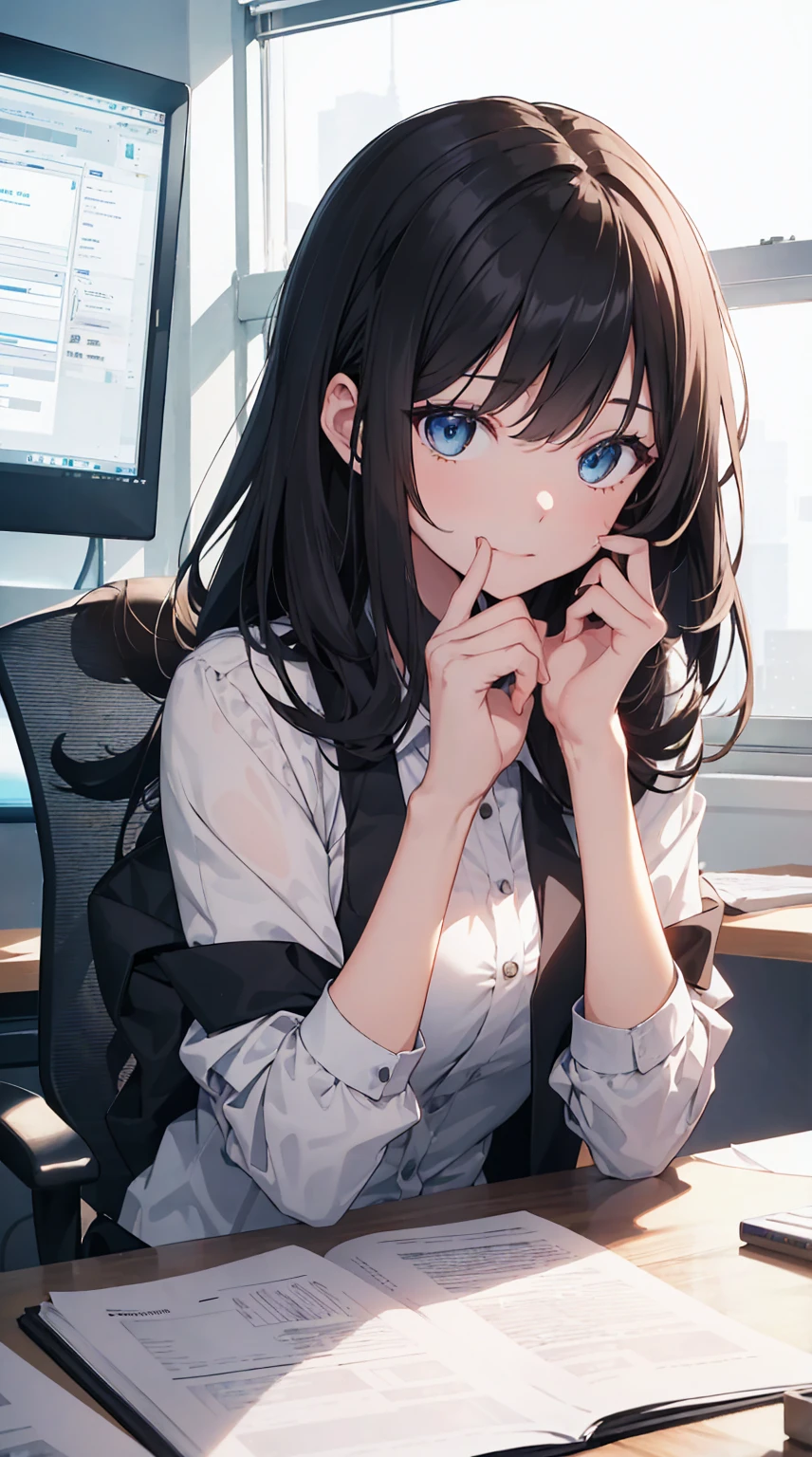 This illustration depicts a cute girl working in an office in a high-rise building, at a moment when she is tired of the situation. She is working on her laptop and is facing the monitor. His eyes are shining. Inside the room are piles of documents, an office desk and chair, a monitor, etc. However, the most notable thing is the "final mysterious high-energy body" she emits. This energy body is released from her body and has the power to obliterate the garbage in the room. emits a pale, white light that reaches every corner of the room. The view from the window is a night view. A girl with a satisfied expression is sitting.(night)