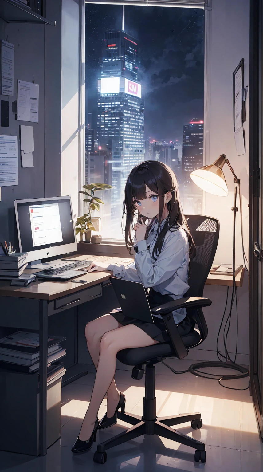 This illustration depicts a cute girl working in an office in a high-rise building, at a moment when she is tired of the situation. She is working on her laptop and is facing the monitor. His eyes are shining. Inside the room are piles of documents, an office desk and chair, a monitor, etc. However, the most notable thing is the "final mysterious high-energy body" she emits. This energy body is released from her body and has the power to obliterate the garbage in the room. emits a pale, white light that reaches every corner of the room. The view from the window is a night view. A girl with a satisfied expression is sitting.(night)