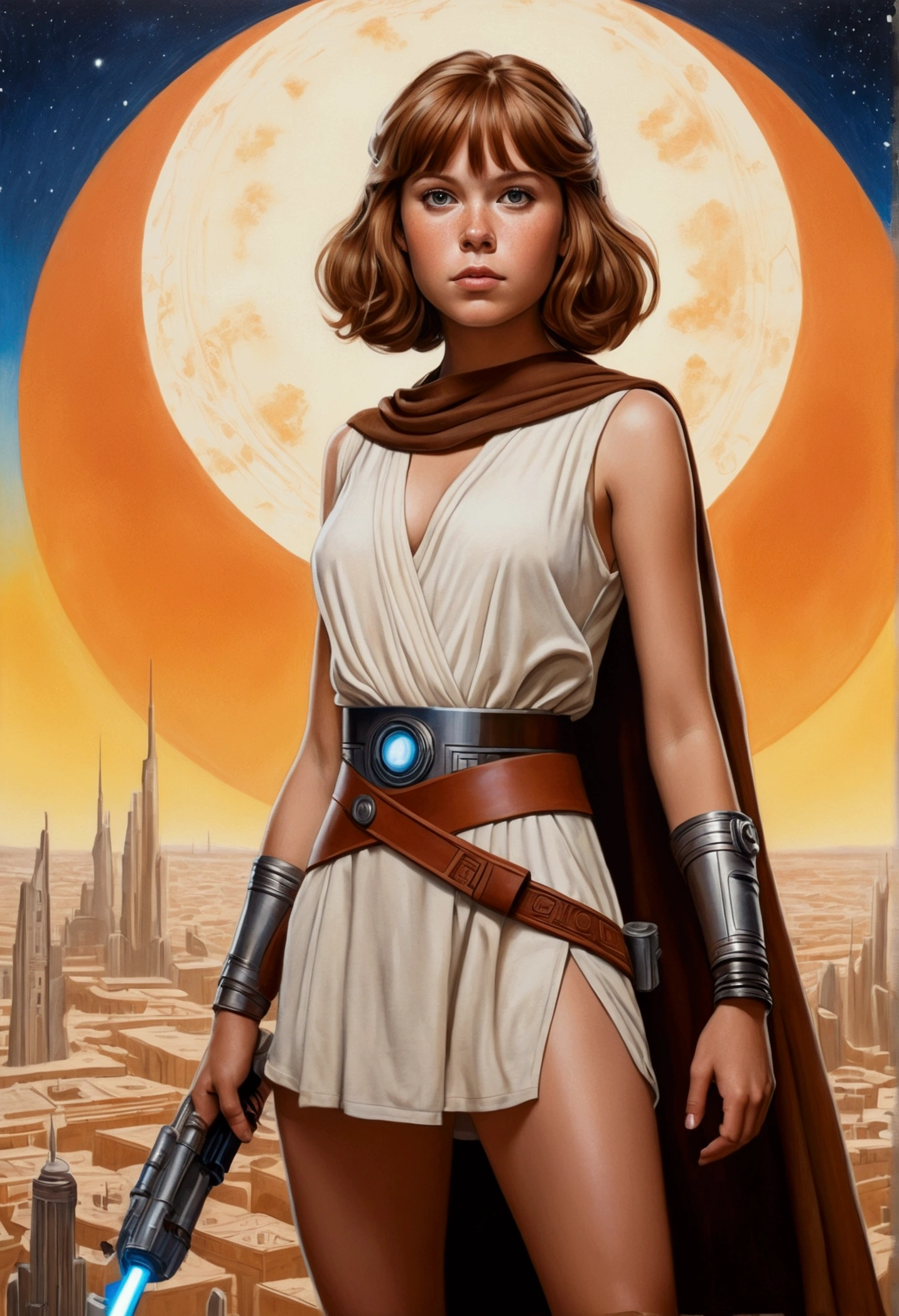 An illustrated movie poster, hand-drawn, full color, a teenage Jedi, 18-years-old, female, wearing a Sleeveless tunic, athletic hourglass figure, busty bosoms, full wide hips, massive round butt, long shapely legs, ridiculously thick powerful thighs, vibrant eyes, mousy brown hair, thick shaggy bangs, rosy sun-kissed complexion, freckles, resembles Freya Allen, standing above Coruscant, graphite shading, stencil marks, airbrushed acrylic paint, masterpiece