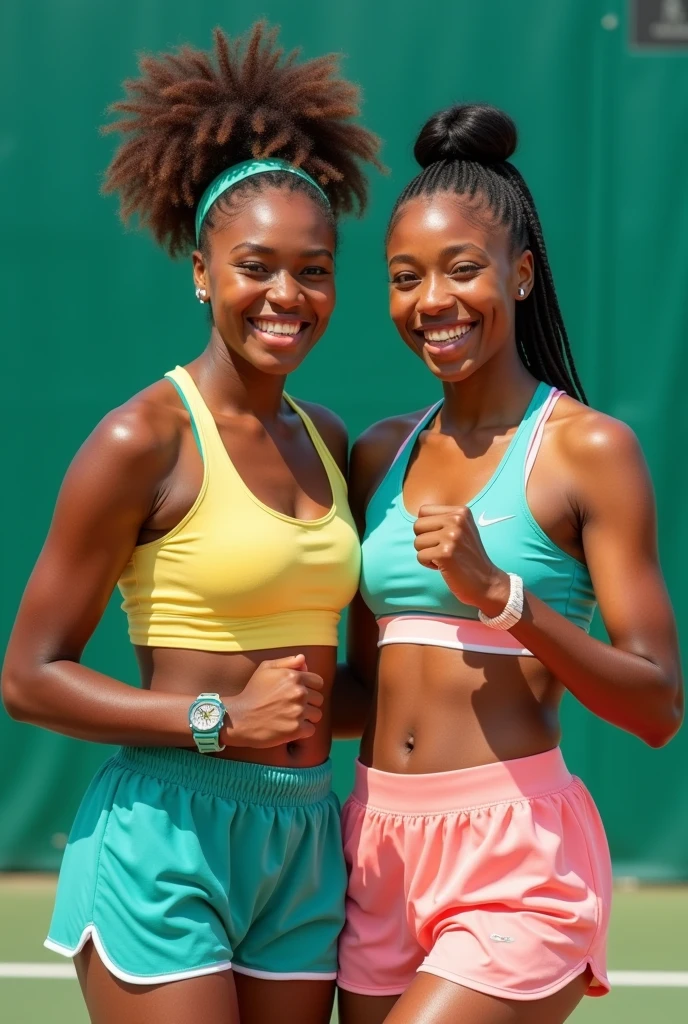 frontal portrait, two women from Botswana, age 25, tennis wear, tennis court, Melbourne, glad, work of art, high qualiy, 8k, Full HD, wall-paper, RAW, ultra realisitic