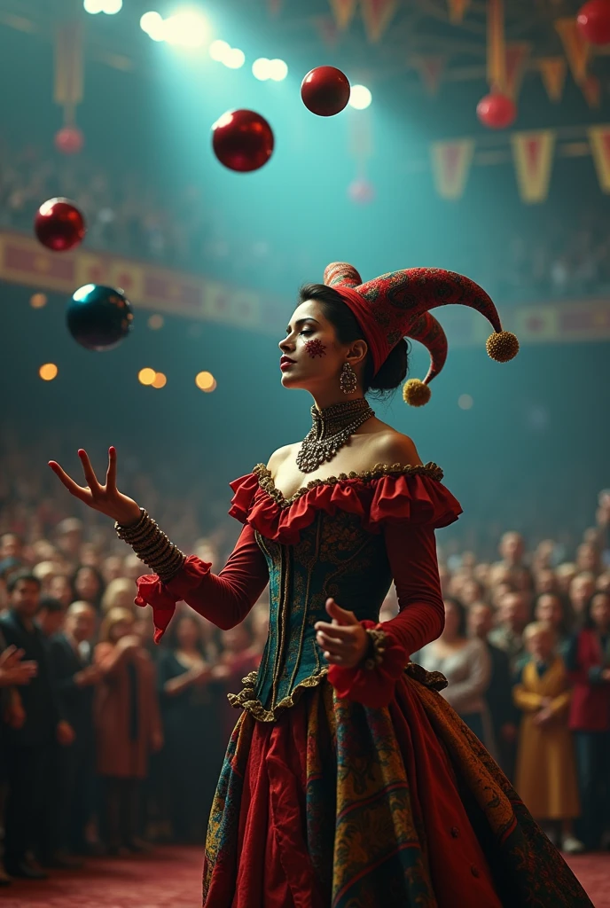 A SEXY FEMALE JESTER AT THE CIRCUS JUGGLING 5 BALLS WITH EASE. CAPTIVATING THE LARGE AUDIENCE INSIDE THE MAIN TENT.INCREDIBLEY DETAILED AND TEXTURED IN FULL 8K HD RESOLUTION