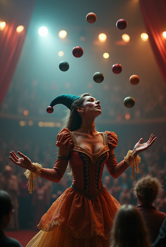 A SEXY FEMALE JESTER AT THE CIRCUS JUGGLING 5 BALLS WITH EASE. CAPTIVATING THE LARGE AUDIENCE INSIDE THE MAIN TENT.INCREDIBLEY DETAILED AND TEXTURED IN FULL 8K HD RESOLUTION