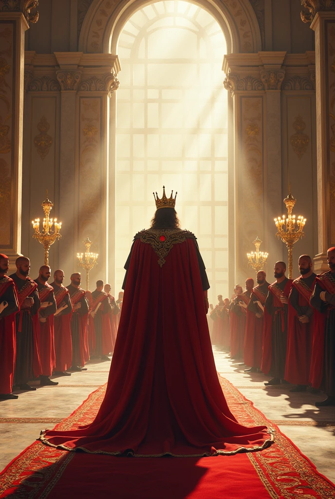 The king issuing an order to summon all the townspeople to the court, with messengers leaving the palace.