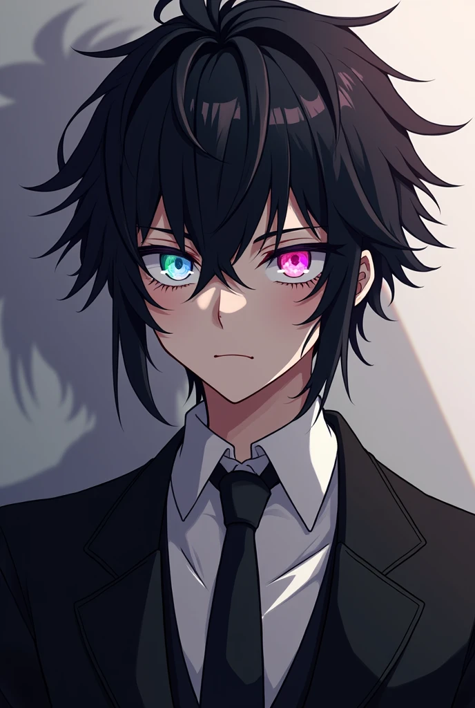 Um homem de cabelos pretos, with Shirou Amakusa's hairstyle from the anime Fate Apocrypha, rainbow eyes, wearing a casual black suit and a stylish tie.